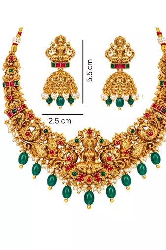 gold-plated temple necklace set with goddess lakshmi design and jhumka earrings