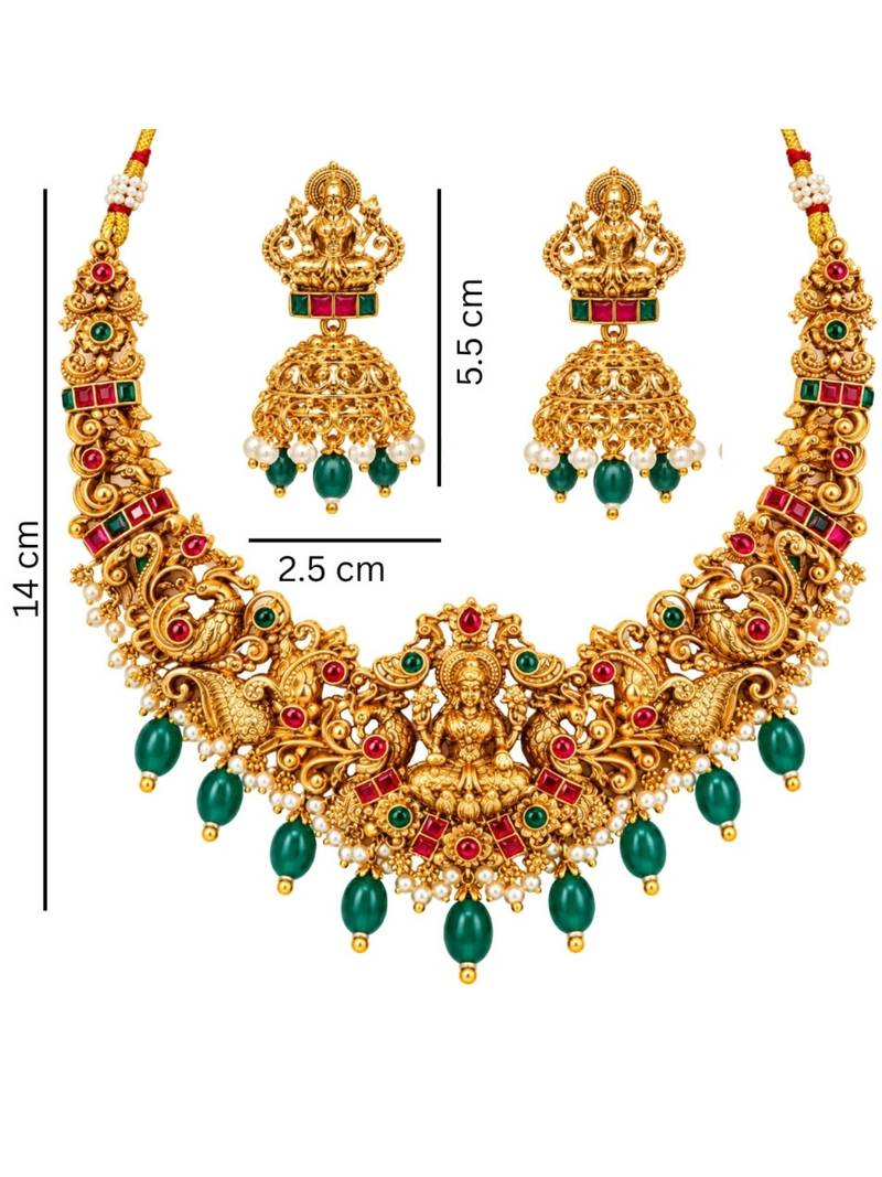 gold-plated temple necklace set with goddess lakshmi design and jhumka earrings