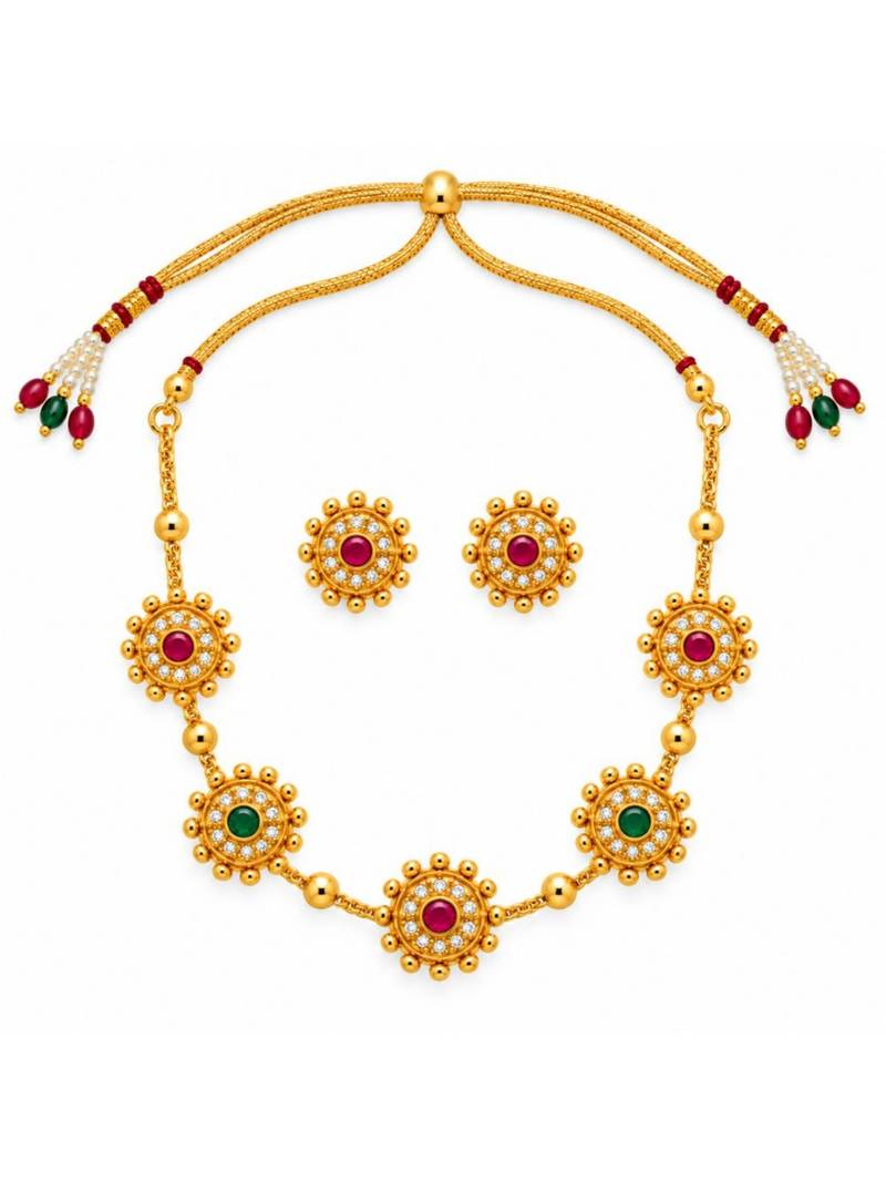 gold-plated multicolour stone necklace set with stud earrings