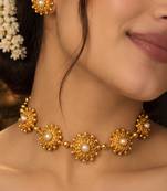 gold-plated pearl floral necklace set with stud earrings