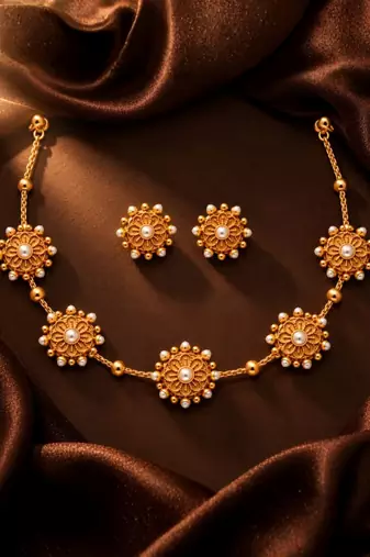 gold-plated pearl floral necklace set with stud earrings