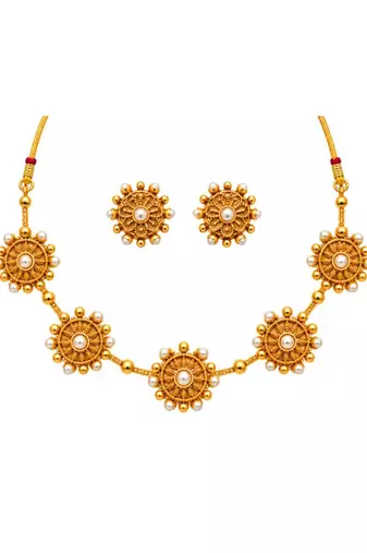gold-plated pearl floral necklace set with stud earrings
