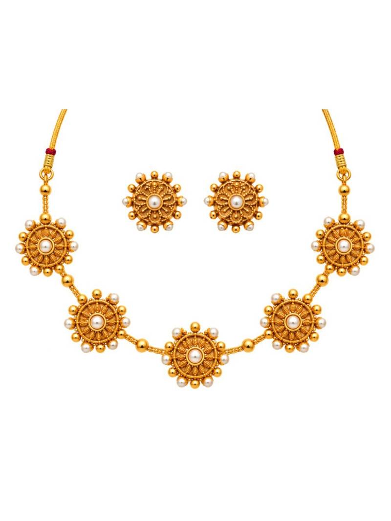 gold-plated pearl floral necklace set with stud earrings