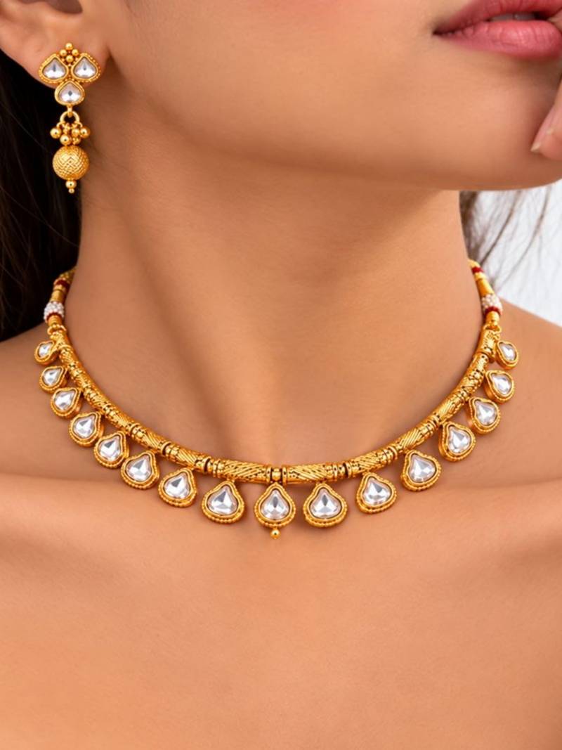 gold-plated copper white kundan necklace set with drop earrings