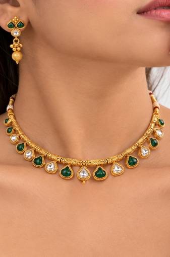 gold-plated copper green and white kundan necklace set with drop earrings