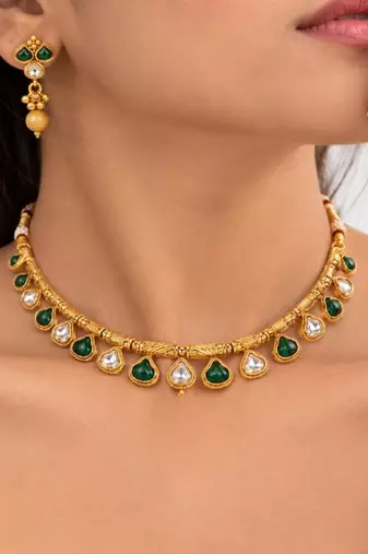 gold-plated copper green and white kundan necklace set with drop earrings