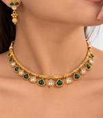 gold-plated copper green and white kundan necklace set with drop earrings