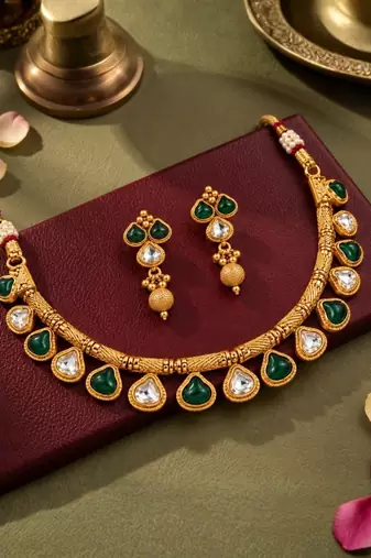 gold-plated copper green and white kundan necklace set with drop earrings
