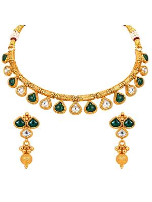 gold-plated copper green and white kundan necklace set with drop earrings 3