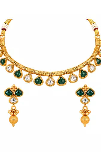 gold-plated copper green and white kundan necklace set with drop earrings