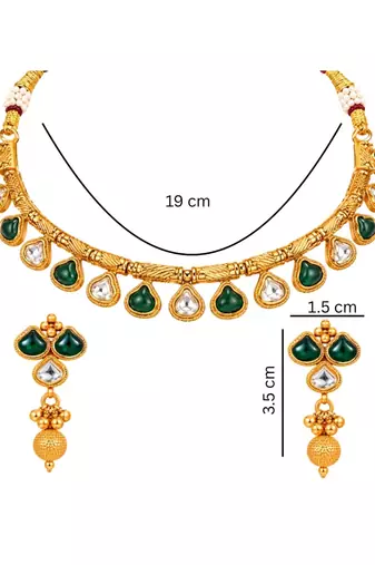 gold-plated copper green and white kundan necklace set with drop earrings