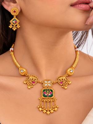 gold-plated copper multicolour pendant necklace set with ghungroo earrings 1