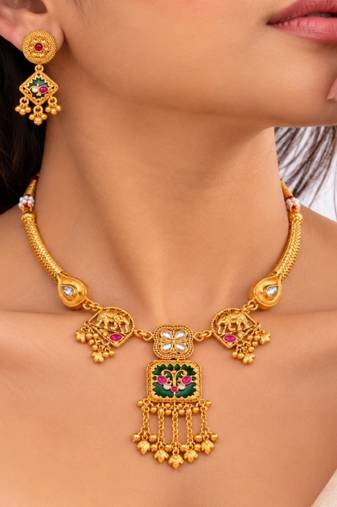 gold-plated copper multicolour pendant necklace set with ghungroo earrings