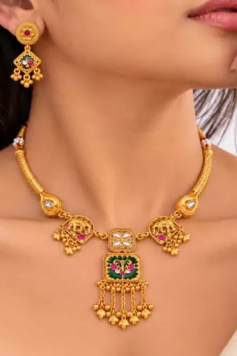 gold-plated copper multicolour pendant necklace set with ghungroo earrings