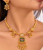gold-plated copper multicolour pendant necklace set with ghungroo earrings