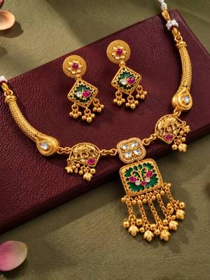 gold-plated copper multicolour pendant necklace set with ghungroo earrings 2