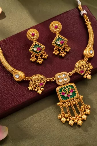 gold-plated copper multicolour pendant necklace set with ghungroo earrings