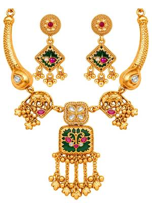 gold-plated copper multicolour pendant necklace set with ghungroo earrings 3