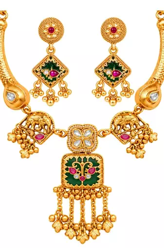 gold-plated copper multicolour pendant necklace set with ghungroo earrings