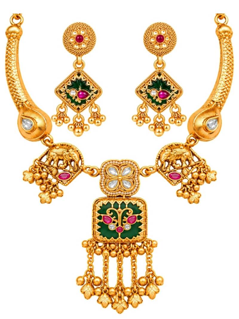 gold-plated copper multicolour pendant necklace set with ghungroo earrings