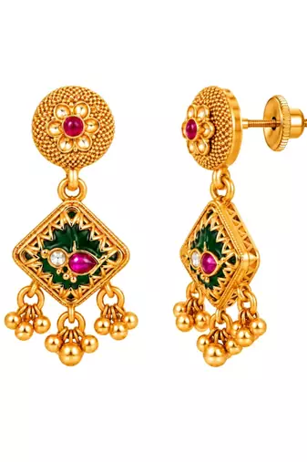 gold-plated copper multicolour pendant necklace set with ghungroo earrings