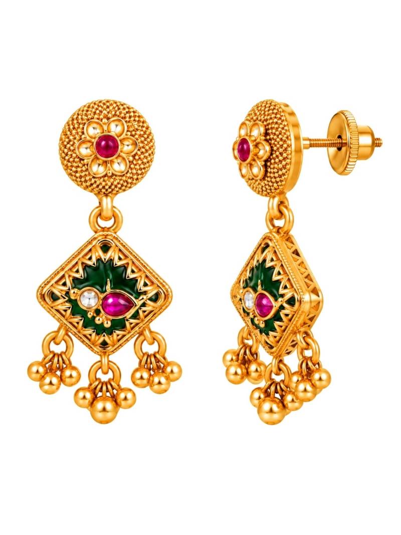 gold-plated copper multicolour pendant necklace set with ghungroo earrings