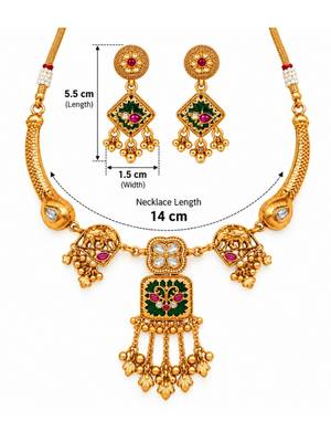 gold-plated copper multicolour pendant necklace set with ghungroo earrings 5