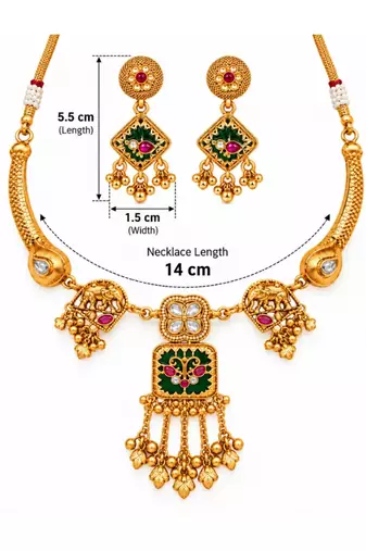 gold-plated copper multicolour pendant necklace set with ghungroo earrings