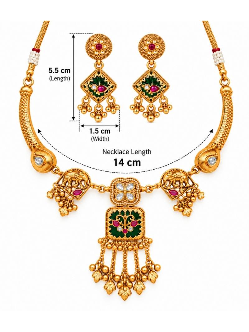 gold-plated copper multicolour pendant necklace set with ghungroo earrings