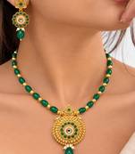gold-plated copper green bead necklace set with statement pendant
