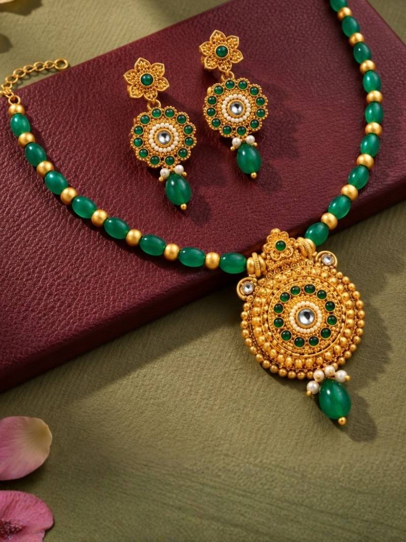 gold-plated copper green bead necklace set with statement pendant