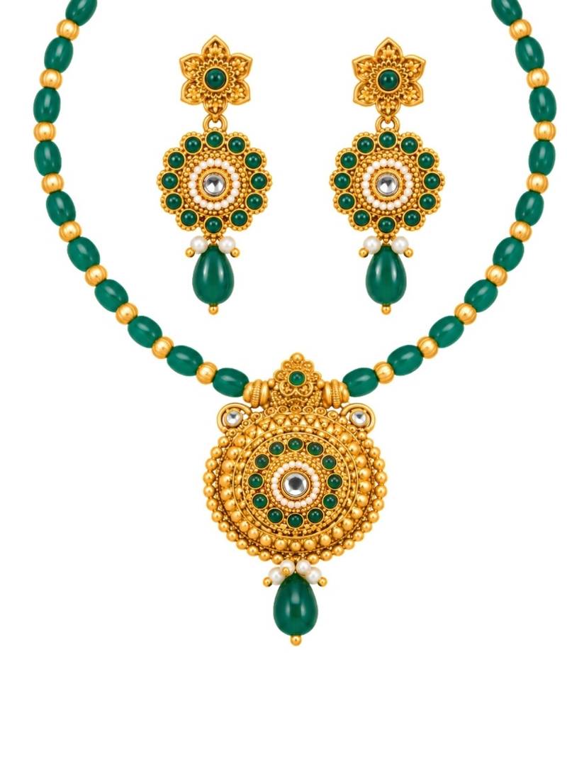 gold-plated copper green bead necklace set with statement pendant