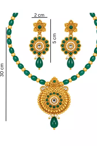 gold-plated copper green bead necklace set with statement pendant