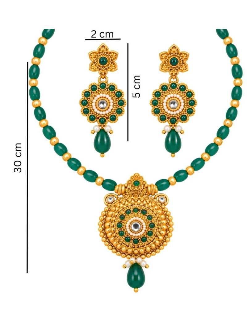 gold-plated copper green bead necklace set with statement pendant