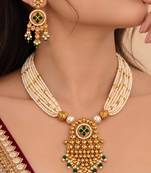 gold-plated copper pearl layered necklace set with green stone pendant