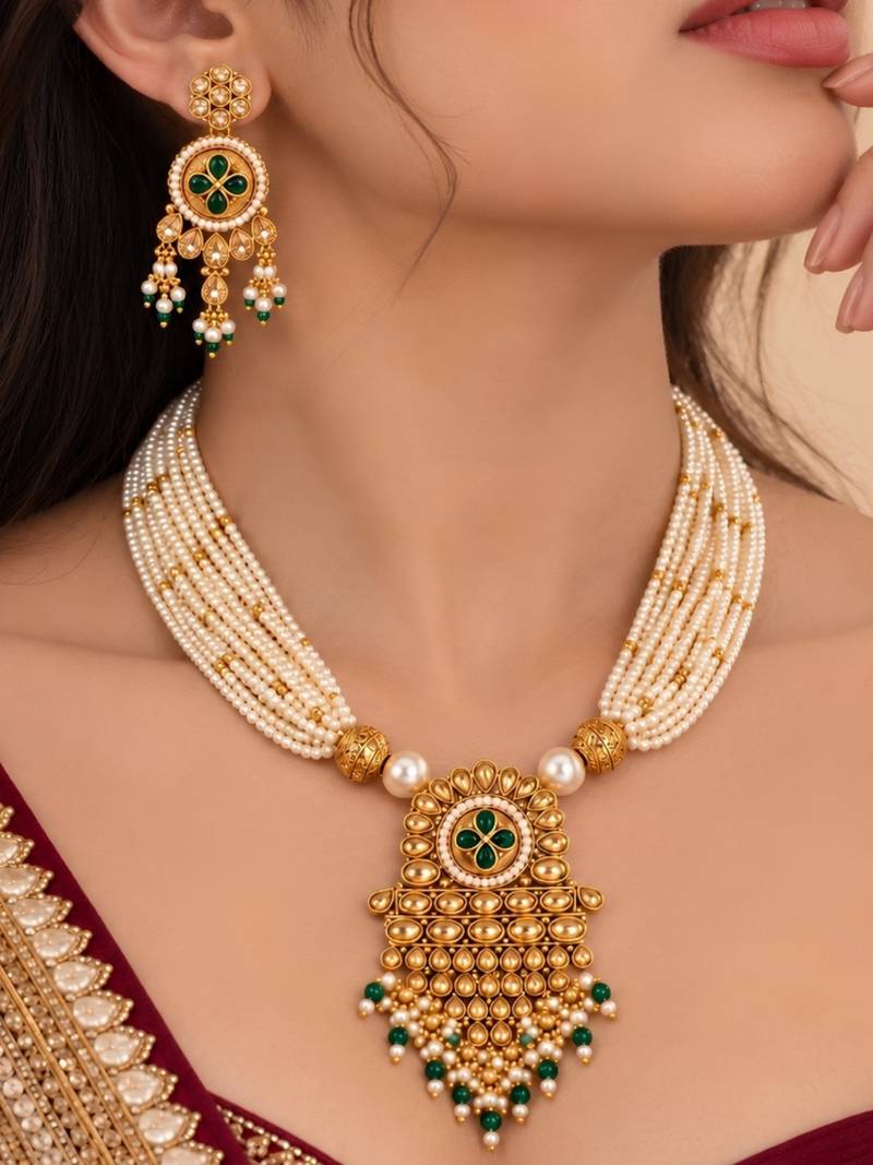 gold-plated copper pearl layered necklace set with green stone pendant