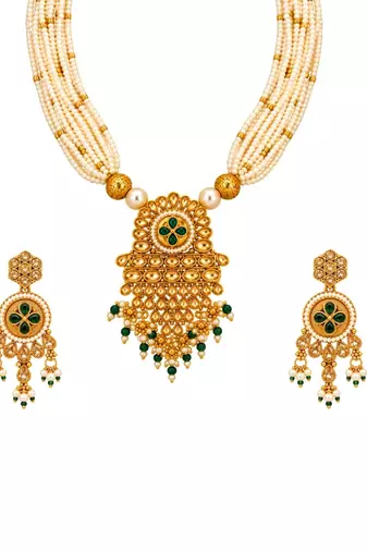 gold-plated copper pearl layered necklace set with green stone pendant