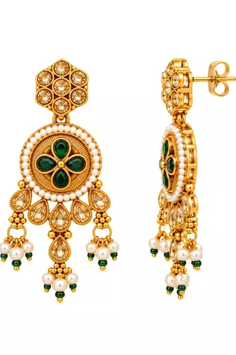gold-plated copper pearl layered necklace set with green stone pendant