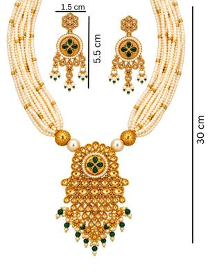 gold-plated copper pearl layered necklace set with green stone pendant 5