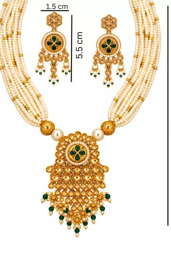 gold-plated copper pearl layered necklace set with green stone pendant