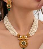 gold-plated copper multi-pearl necklace set with stone pendant