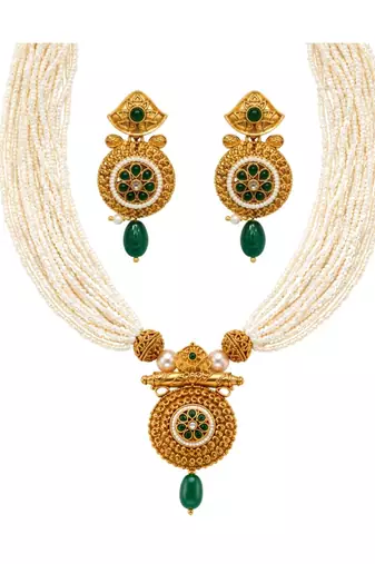 gold-plated copper multi-pearl necklace set with stone pendant