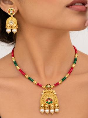 gold-plated copper multicolour kundan jhumka necklace set 1