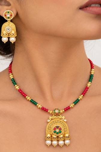gold-plated copper multicolour kundan jhumka necklace set