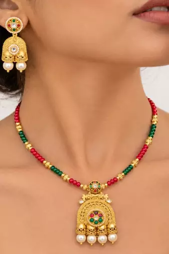 gold-plated copper multicolour kundan jhumka necklace set