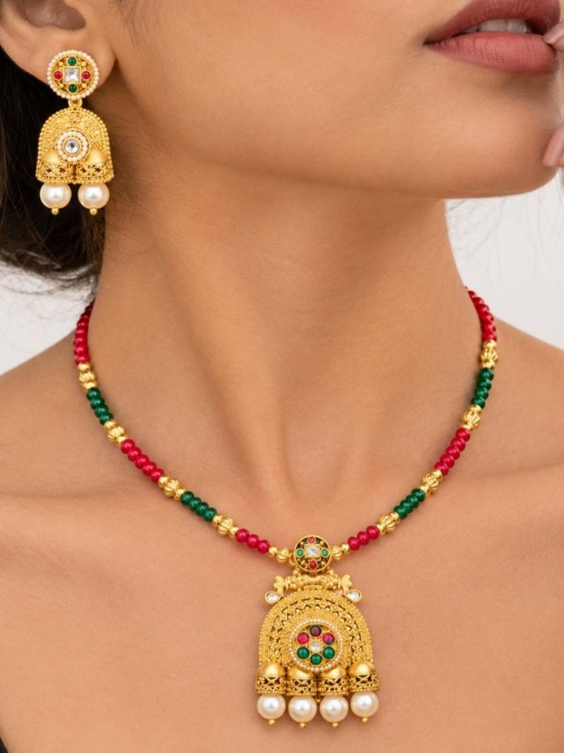 gold-plated copper multicolour kundan jhumka necklace set