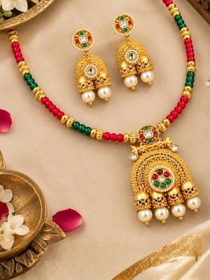 gold-plated copper multicolour kundan jhumka necklace set 2