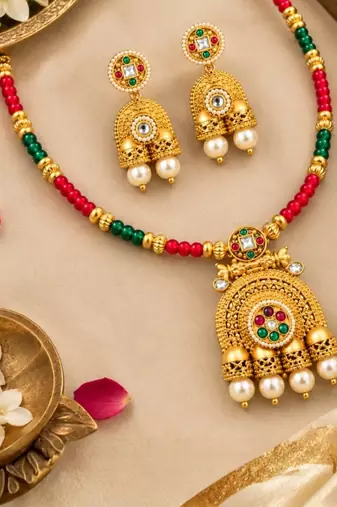 gold-plated copper multicolour kundan jhumka necklace set
