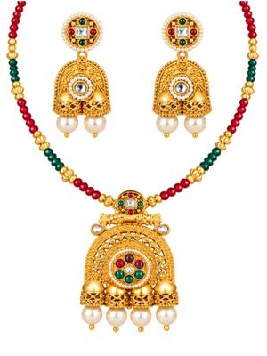 gold-plated copper multicolour kundan jhumka necklace set 3