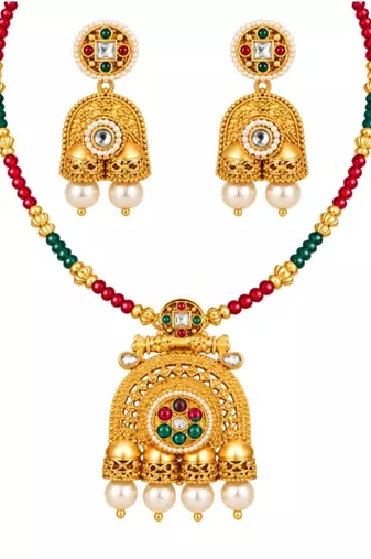 gold-plated copper multicolour kundan jhumka necklace set
